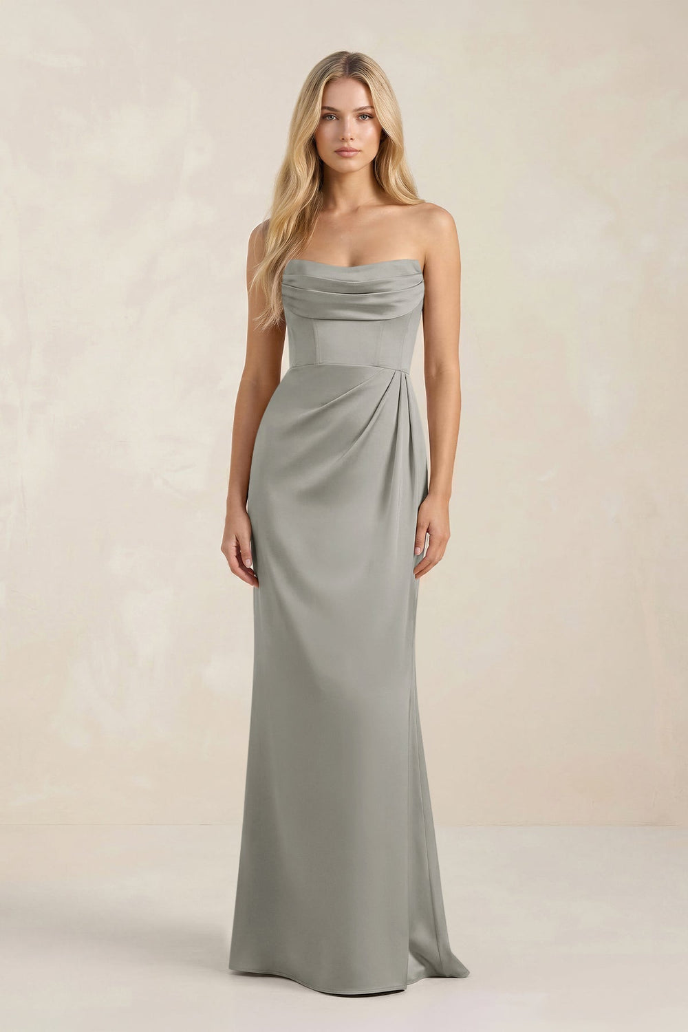 Cowl Neck Sheath Satin Bridesmaid Dress With Detachable Sleeves in Silver - KISS BRIDAL Bridesmaid Dresses