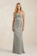 Cowl Neck Sheath Satin Bridesmaid Dress With Detachable Sleeves in Silver - KISS BRIDAL Bridesmaid Dresses