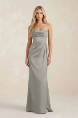 Cowl Neck Sheath Satin Bridesmaid Dress With Detachable Sleeves in Silver - KISS BRIDAL Bridesmaid Dresses