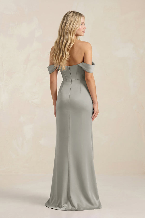 Cowl Neck Sheath Satin Bridesmaid Dress With Detachable Sleeves in Silver - KISS BRIDAL Bridesmaid Dresses