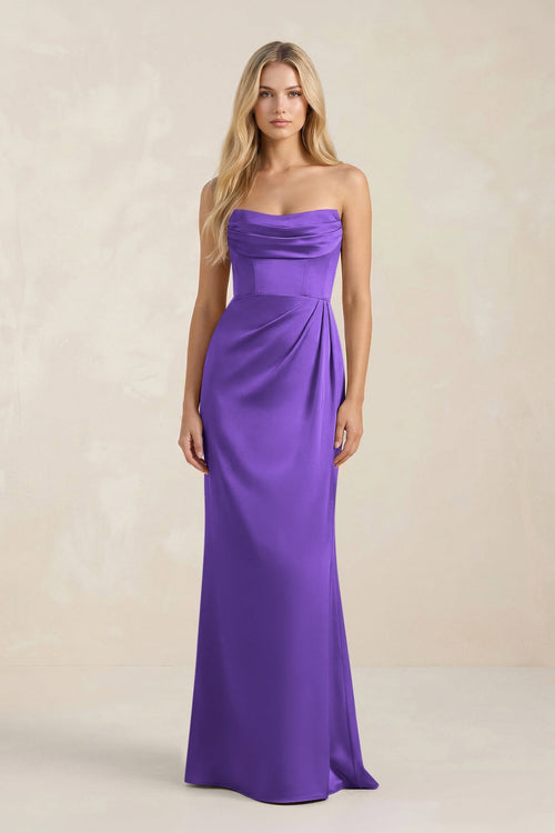 Cowl Neck Sheath Satin Bridesmaid Dress With Detachable Sleeves in Tahiti - KISS BRIDAL Bridesmaid Dresses