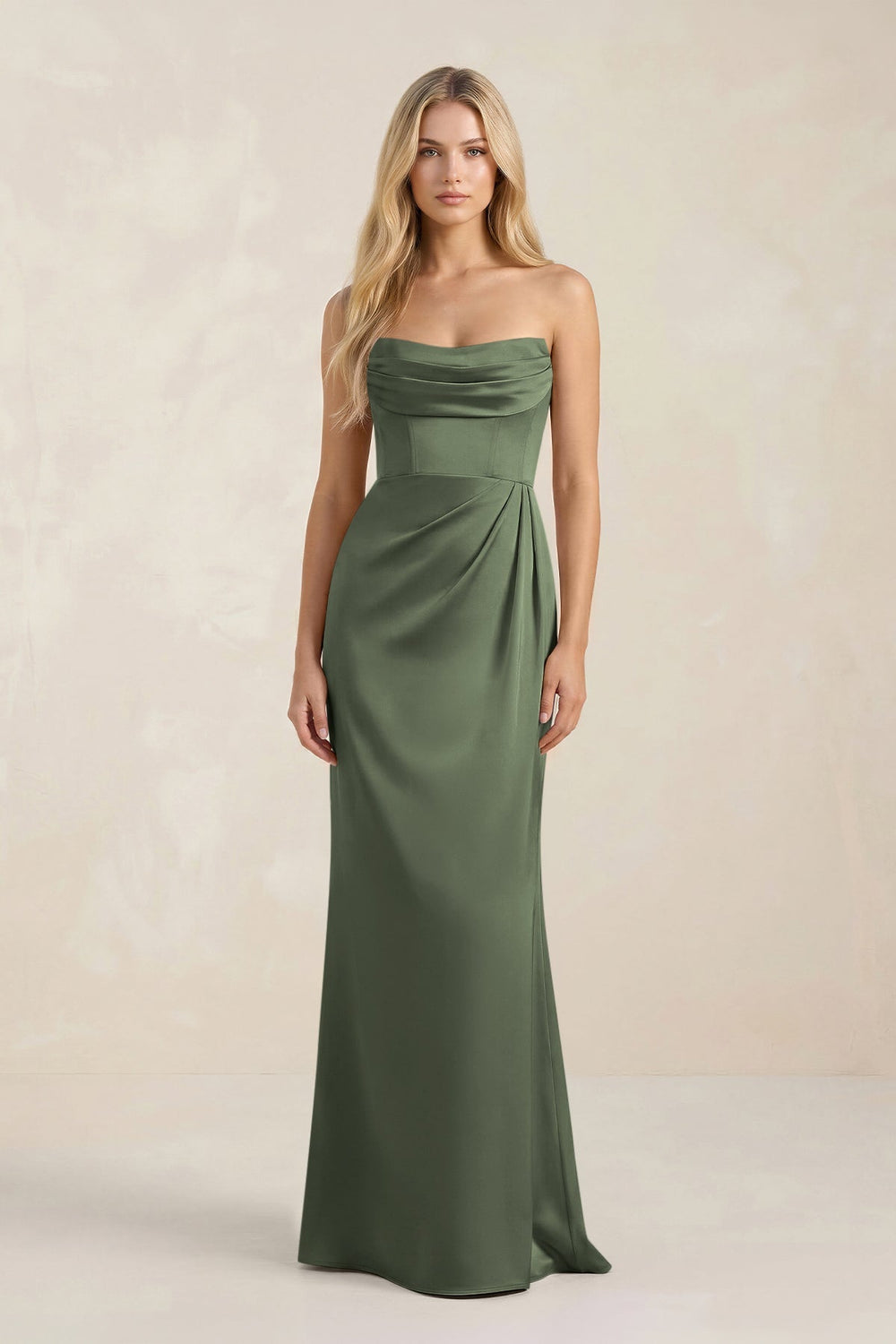 Cowl Neck Sheath Satin Bridesmaid Dress With Detachable Sleeves in Thyme - KISS BRIDAL Bridesmaid Dresses