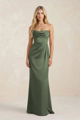 Cowl Neck Sheath Satin Bridesmaid Dress With Detachable Sleeves in Thyme - KISS BRIDAL Bridesmaid Dresses