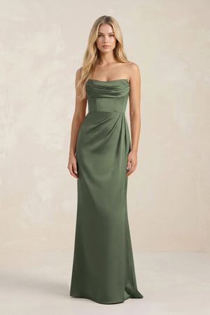 Cowl Neck Sheath Satin Bridesmaid Dress With Detachable Sleeves in Thyme - KISS BRIDAL Bridesmaid Dresses