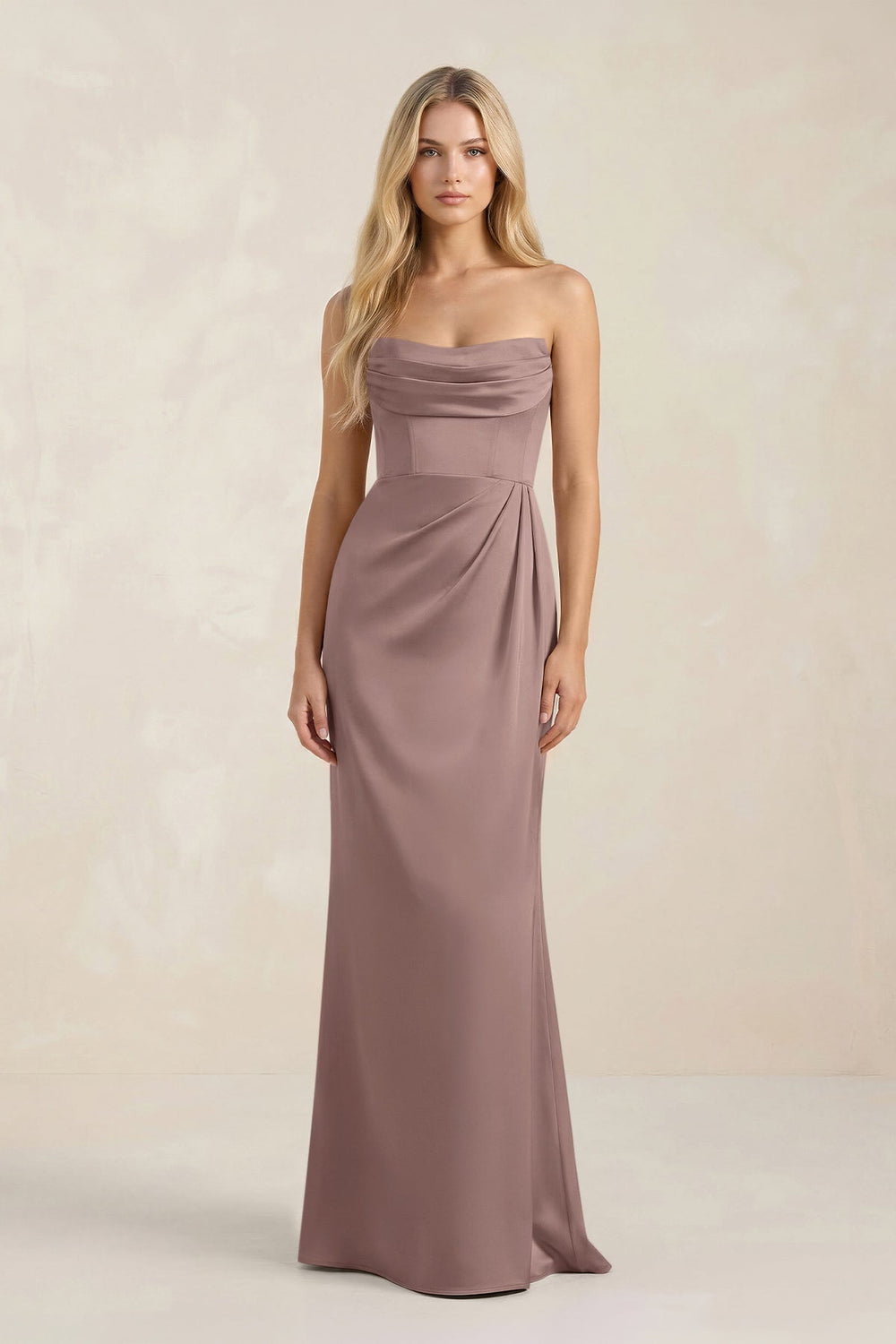 Cowl Neck Sheath Satin Bridesmaid Dress With Detachable Sleeves in Toffee - KISS BRIDAL Bridesmaid Dresses