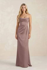 Cowl Neck Sheath Satin Bridesmaid Dress With Detachable Sleeves in Toffee - KISS BRIDAL Bridesmaid Dresses