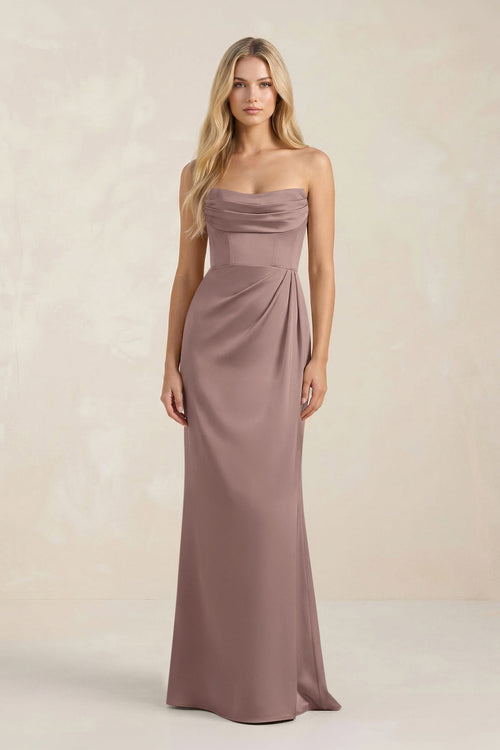 Cowl Neck Sheath Satin Bridesmaid Dress With Detachable Sleeves in Toffee - KISS BRIDAL Bridesmaid Dresses