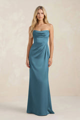 Cowl Neck Sheath Satin Bridesmaid Dress With Detachable Sleeves in Twilight - KISS BRIDAL Bridesmaid Dresses