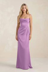 Cowl Neck Sheath Satin Bridesmaid Dress With Detachable Sleeves in Vintage Mauve - KISS BRIDAL Bridesmaid Dresses