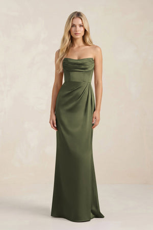 Cowl Neck Sheath Satin Bridesmaid Dress With Detachable Sleeves in Willow Green - KISS BRIDAL Bridesmaid Dresses