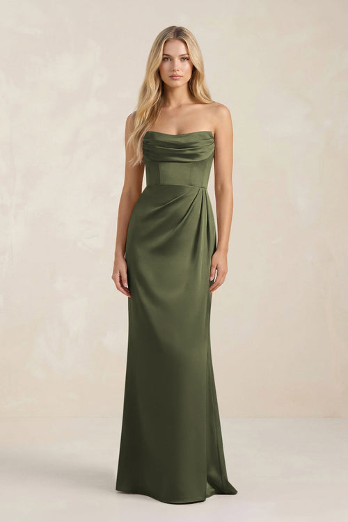 Cowl Neck Sheath Satin Bridesmaid Dress With Detachable Sleeves in Willow Green - KISS BRIDAL Bridesmaid Dresses