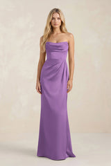 Cowl Neck Sheath Satin Bridesmaid Dress With Detachable Sleeves in Wisteria - KISS BRIDAL Bridesmaid Dresses
