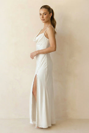 Cowl Neck Sheath Satin Wedding Dress With Slit in White - SHE IS ME Wedding Dresses