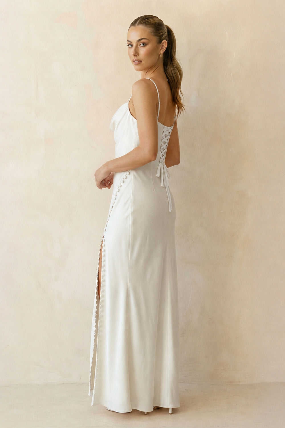 Cowl Neck Sheath Satin Wedding Dress With Slit in White - KISS BRIDAL Wedding Dresses