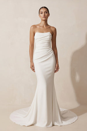 Crepe Strapless Ruched Mermaid Wedding Dress in Ivory - SHE IS ME Wedding Dresses