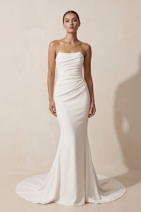 Crepe Strapless Ruched Mermaid Wedding Dress in Ivory - KISS BRIDAL Wedding Dresses