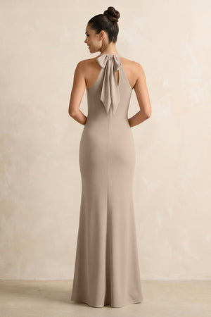 Crisscross Halter Sheath Chiffon Bridesmaid Dress with Bow in Almond (2) | KISSBRIDAL