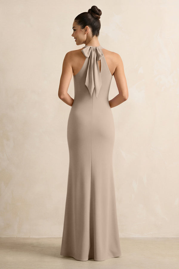 Crisscross Halter Sheath Chiffon Bridesmaid Dress with Bow in Almond (2) | KISSBRIDAL