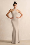 Crisscross Halter Sheath Chiffon Bridesmaid Dress with Bow in Almond - SHE IS ME BRIDESMAID DRESSES