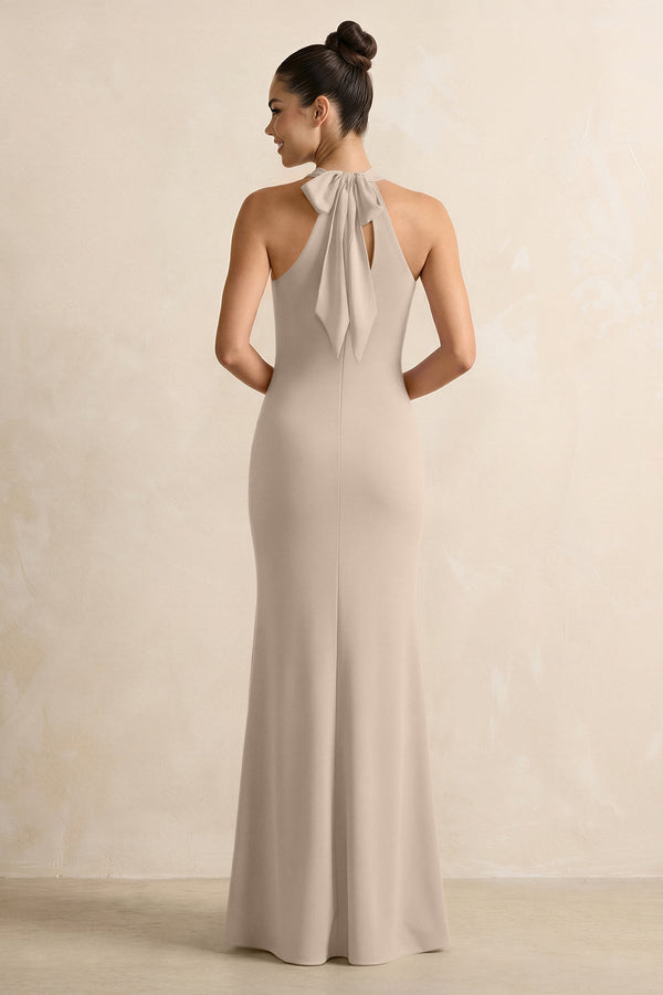 Crisscross Halter Sheath Chiffon Bridesmaid Dress with Bow in Almond - SHE IS ME BRIDESMAID DRESSES