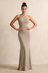 Crisscross Halter Sheath Chiffon Bridesmaid Dress with Bow in Almond | KISSBRIDAL
