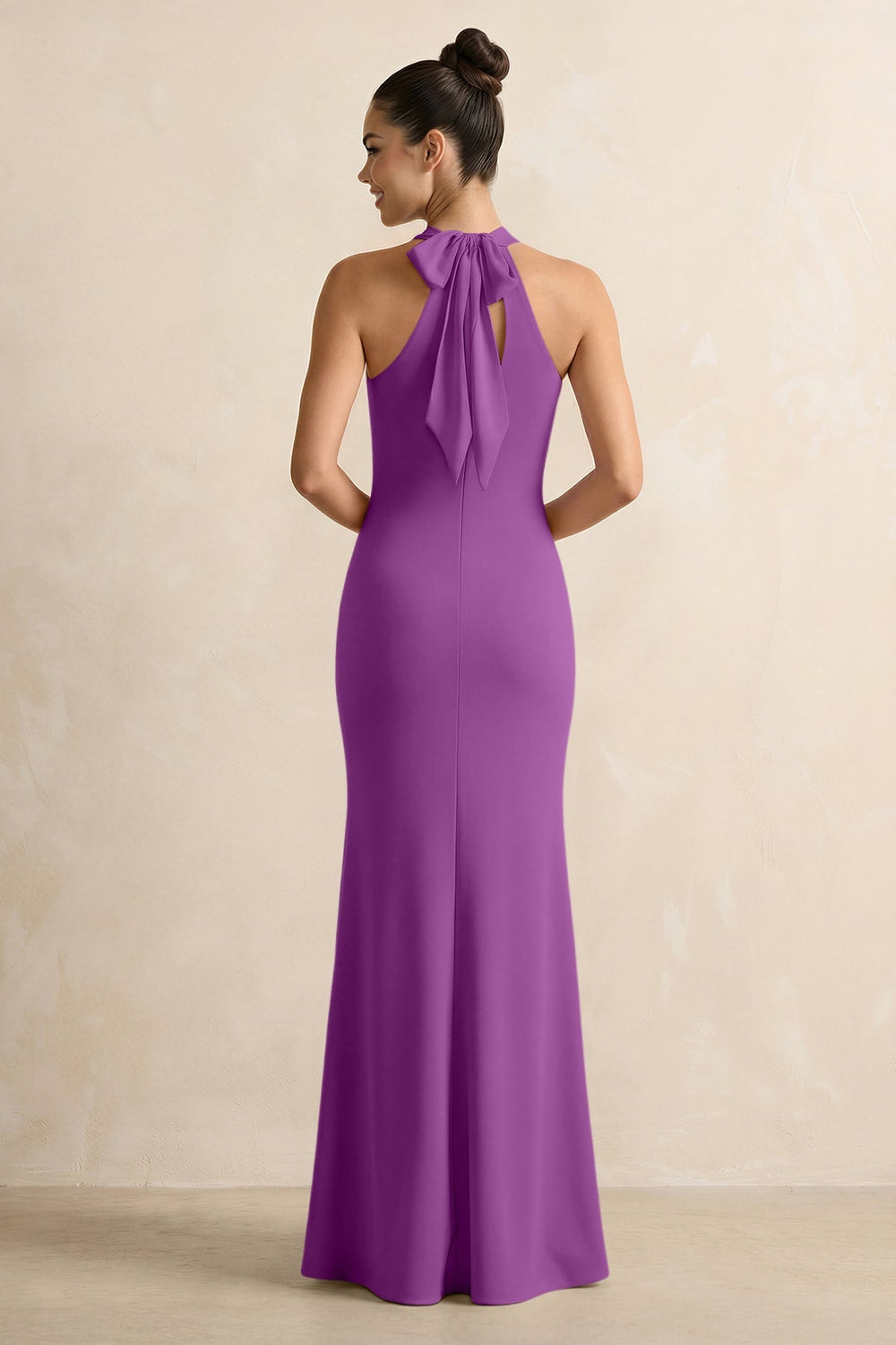 Crisscross Halter Sheath Chiffon Bridesmaid Dress with Bow in Amethyst - KISS BRIDAL BRIDESMAID DRESSES