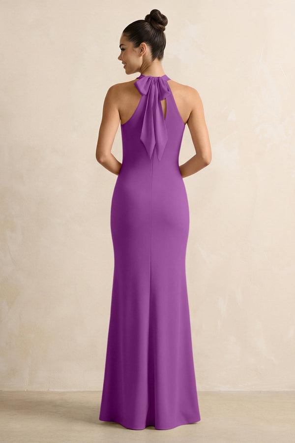 Crisscross Halter Sheath Chiffon Bridesmaid Dress with Bow in Amethyst - SHE IS ME BRIDESMAID DRESSES