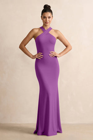 Crisscross Halter Sheath Chiffon Bridesmaid Dress with Bow in Amethyst - SHE IS ME BRIDESMAID DRESSES
