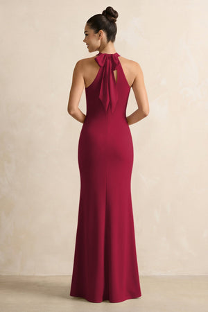 Crisscross Halter Sheath Chiffon Bridesmaid Dress with Bow in Berry - SHE IS ME BRIDESMAID DRESSES