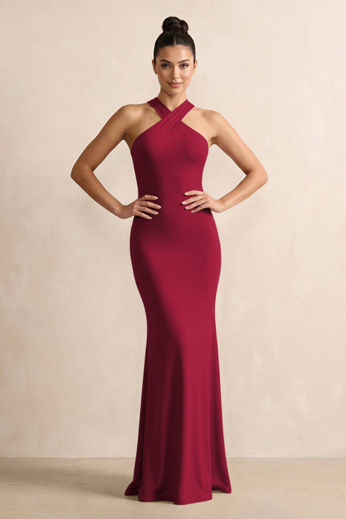 Crisscross Halter Sheath Chiffon Bridesmaid Dress with Bow in Berry - SHE IS ME BRIDESMAID DRESSES