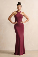 Crisscross Halter Sheath Chiffon Bridesmaid Dress with Bow in Berry | KISSBRIDAL