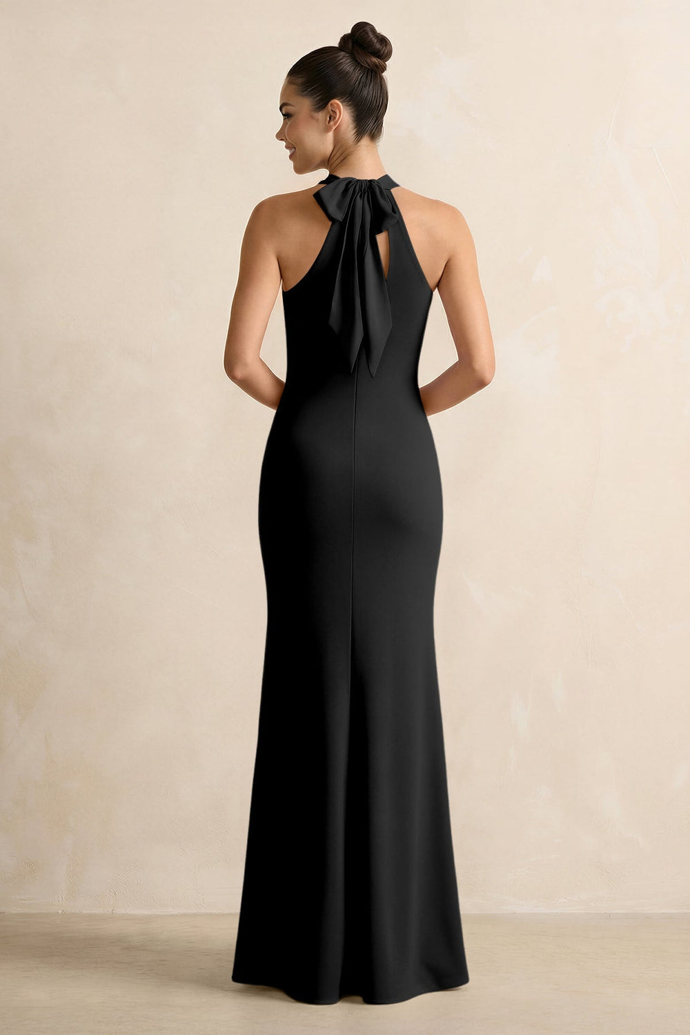 Crisscross Halter Sheath Chiffon Bridesmaid Dress with Bow in Black - KISS BRIDAL BRIDESMAID DRESSES