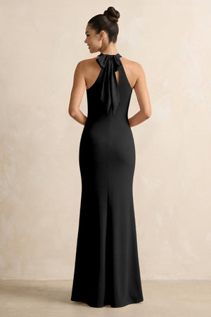 Crisscross Halter Sheath Chiffon Bridesmaid Dress with Bow in Black - SHE IS ME BRIDESMAID DRESSES