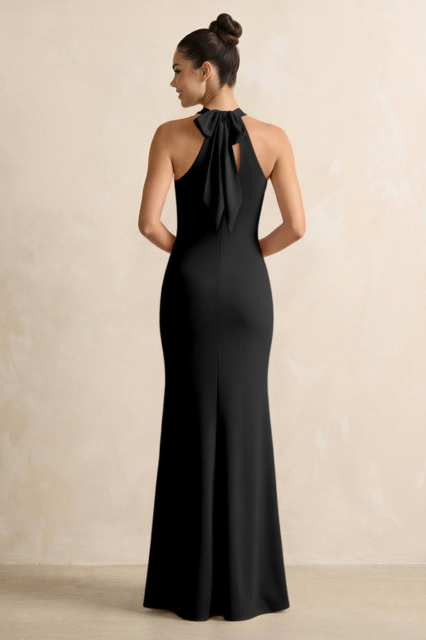 Crisscross Halter Sheath Chiffon Bridesmaid Dress with Bow in Black - SHE IS ME BRIDESMAID DRESSES