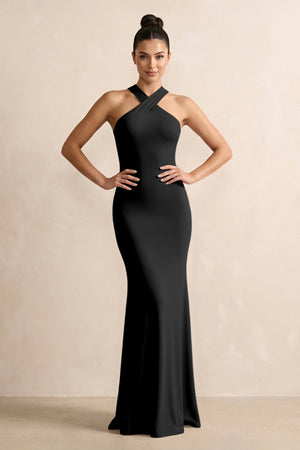Crisscross Halter Sheath Chiffon Bridesmaid Dress with Bow in Black - SHE IS ME BRIDESMAID DRESSES