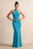 Crisscross Halter Sheath Chiffon Bridesmaid Dress with Bow in Blue Jay - SHE IS ME BRIDESMAID DRESSES