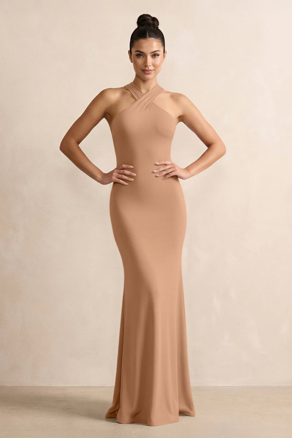 Crisscross Halter Sheath Chiffon Bridesmaid Dress with Bow in Bronzer - KISS BRIDAL BRIDESMAID DRESSES
