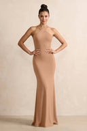 Crisscross Halter Sheath Chiffon Bridesmaid Dress with Bow in Bronzer - SHE IS ME BRIDESMAID DRESSES