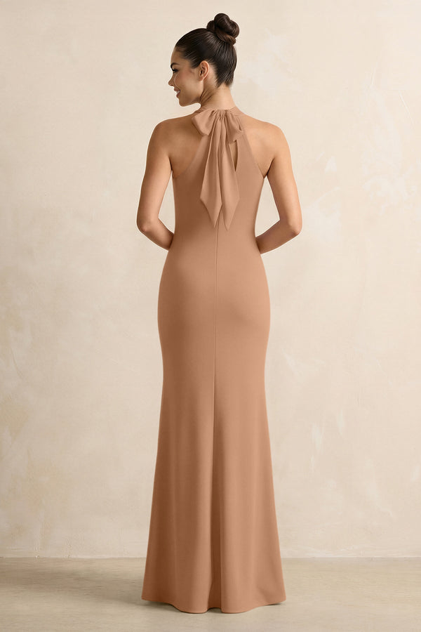 Crisscross Halter Sheath Chiffon Bridesmaid Dress with Bow in Bronzer - SHE IS ME BRIDESMAID DRESSES