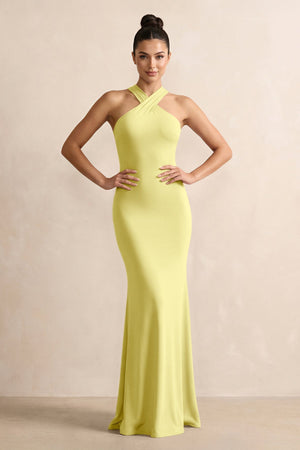 Crisscross Halter Sheath Chiffon Bridesmaid Dress with Bow in Buttercup - SHE IS ME BRIDESMAID DRESSES