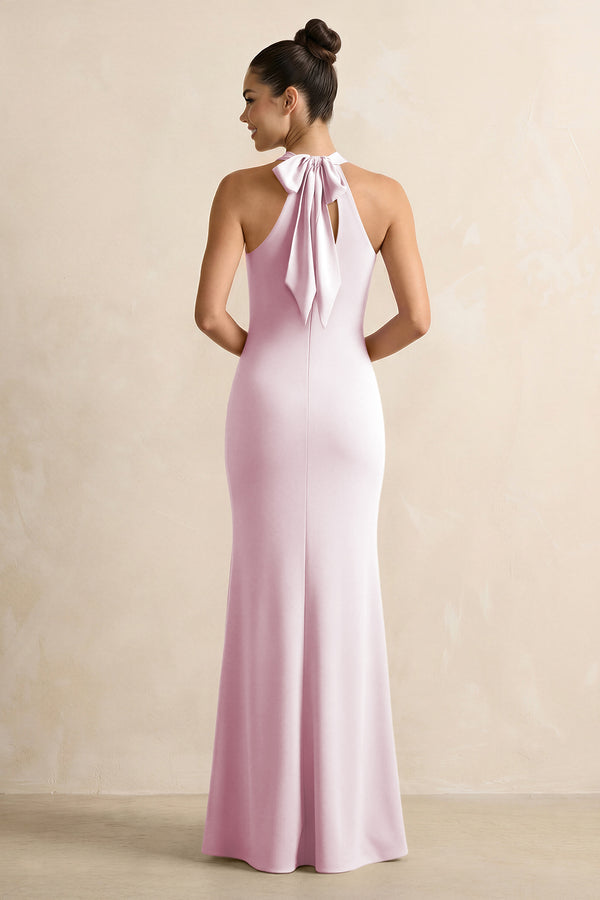Crisscross Halter Sheath Chiffon Bridesmaid Dress with Bow in Candy Pink (2) | KISSBRIDAL