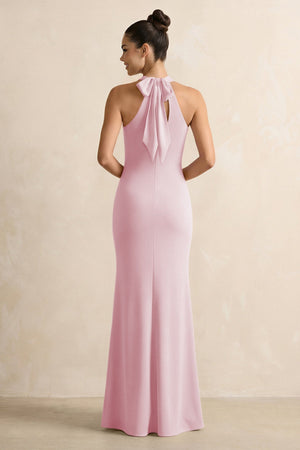 Crisscross Halter Sheath Chiffon Bridesmaid Dress with Bow in Candy Pink - SHE IS ME BRIDESMAID DRESSES