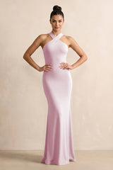 Crisscross Halter Sheath Chiffon Bridesmaid Dress with Bow in Candy Pink | KISSBRIDAL