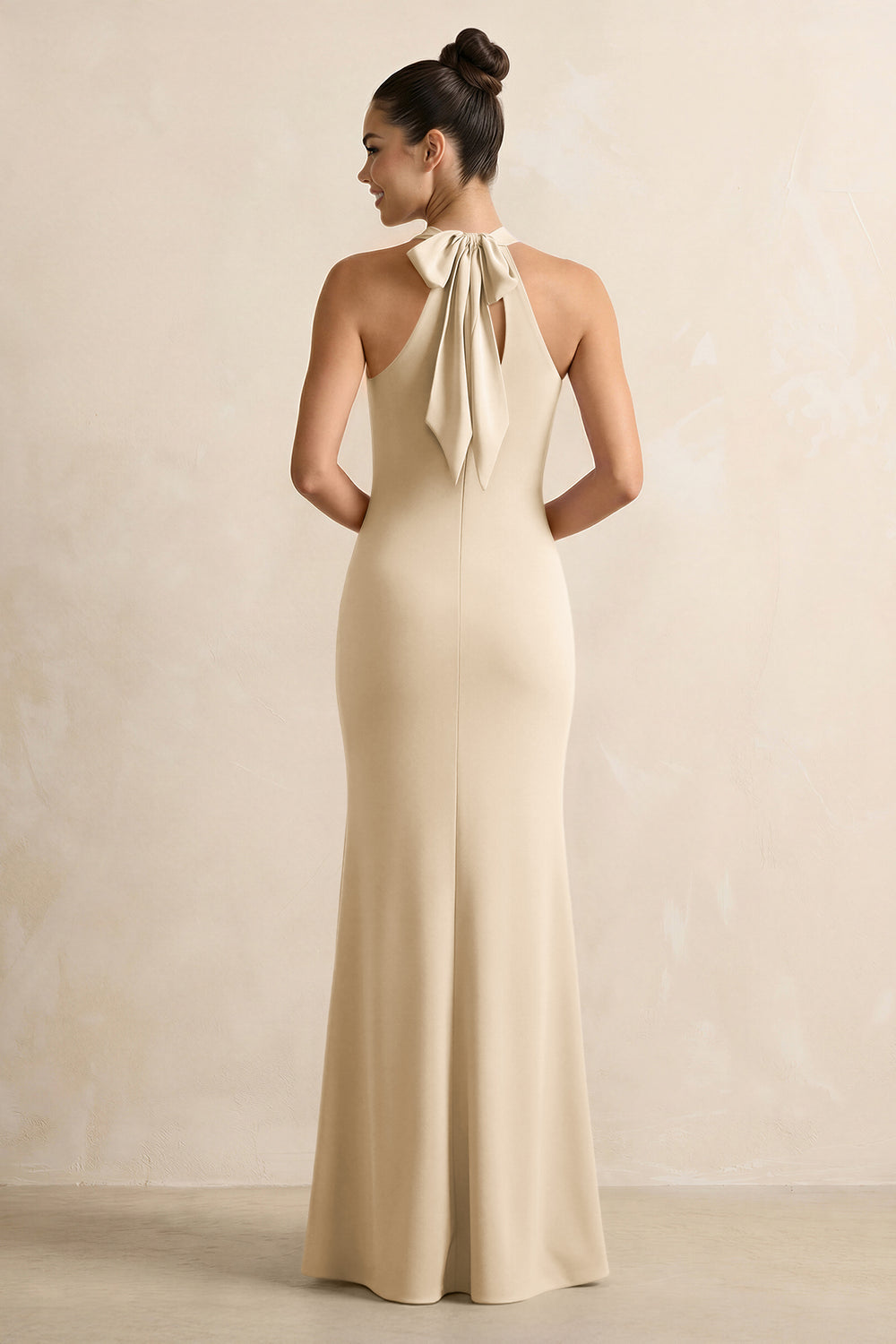 Crisscross Halter Sheath Chiffon Bridesmaid Dress with Bow in Champagne