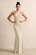 Crisscross Halter Sheath Chiffon Bridesmaid Dress with Bow in Champagne - SHE IS ME BRIDESMAID DRESSES