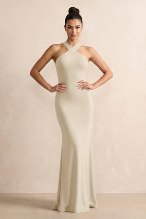 Crisscross Halter Sheath Chiffon Bridesmaid Dress with Bow in Champagne - SHE IS ME BRIDESMAID DRESSES
