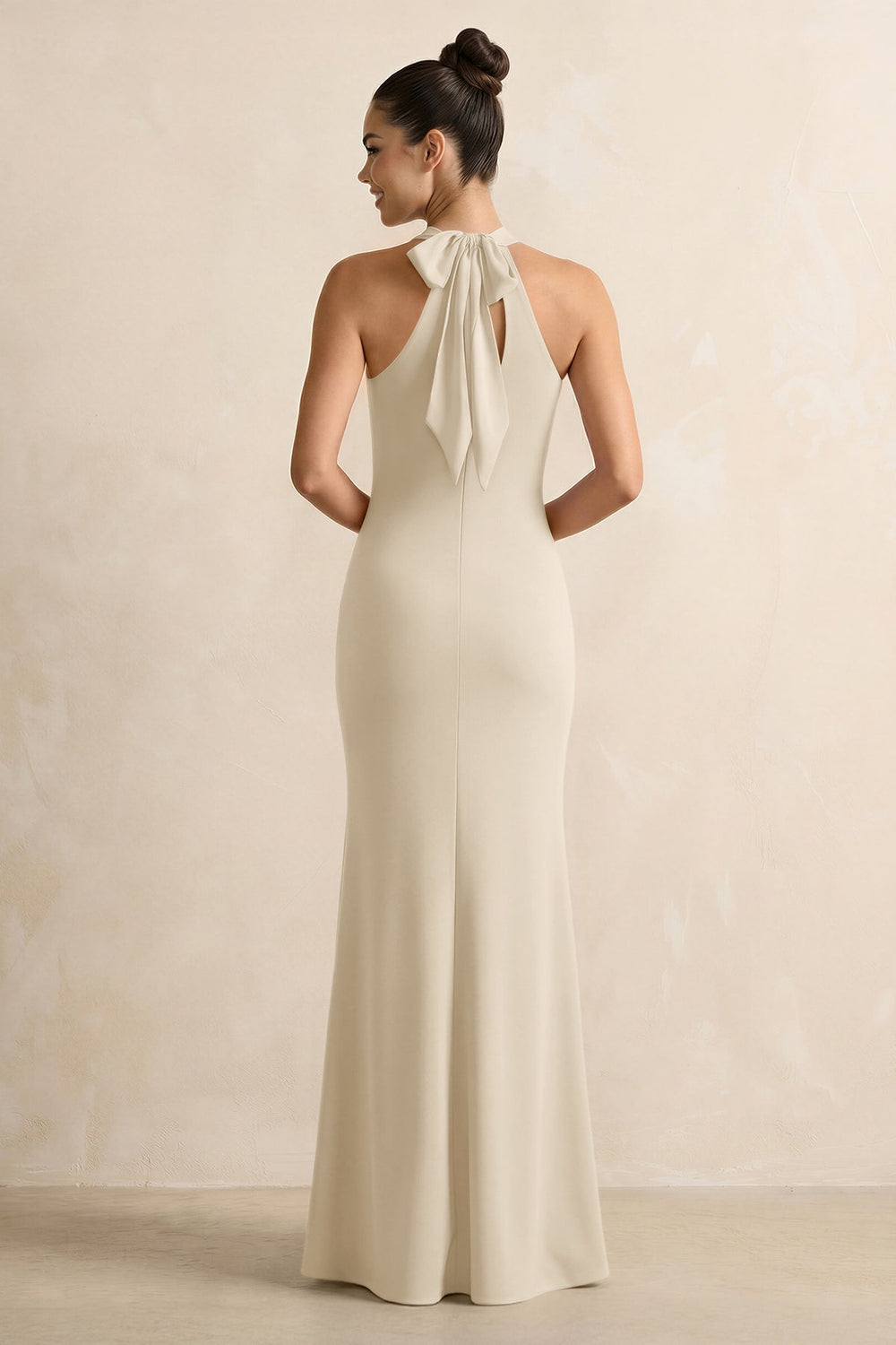 Crisscross Halter Sheath Chiffon Bridesmaid Dress with Bow in Champagne - KISS BRIDAL BRIDESMAID DRESSES