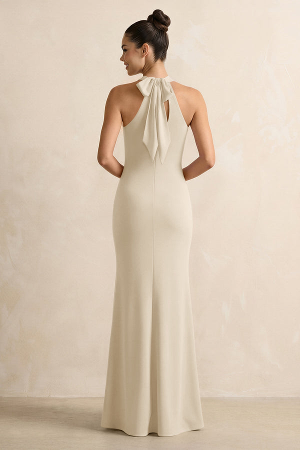 Crisscross Halter Sheath Chiffon Bridesmaid Dress with Bow in Champagne - SHE IS ME BRIDESMAID DRESSES