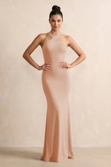 Crisscross Halter Sheath Chiffon Bridesmaid Dress with Bow in Champagne Rose - KISS BRIDAL BRIDESMAID DRESSES