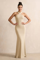 Crisscross Halter Sheath Chiffon Bridesmaid Dress with Bow in Champagne | KISSBRIDAL